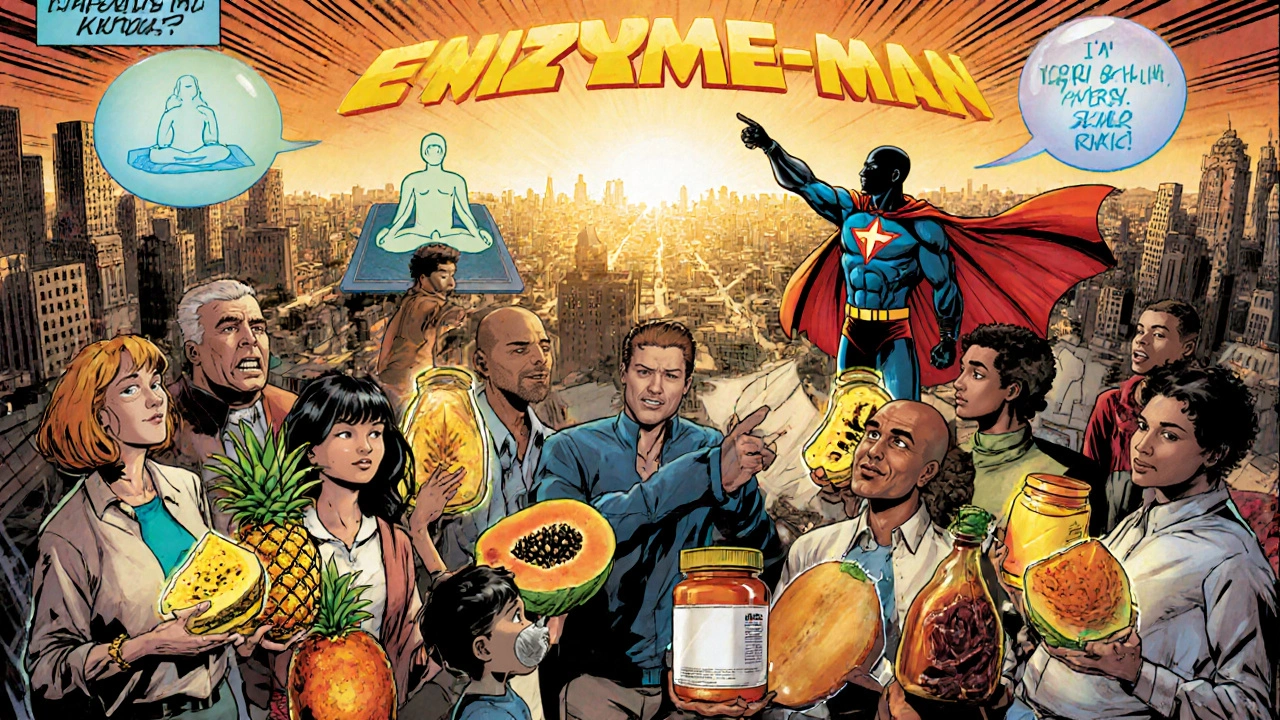 Enzyme superhero guiding people holding fruit, fermented foods, supplements, and practicing yoga for gut health.