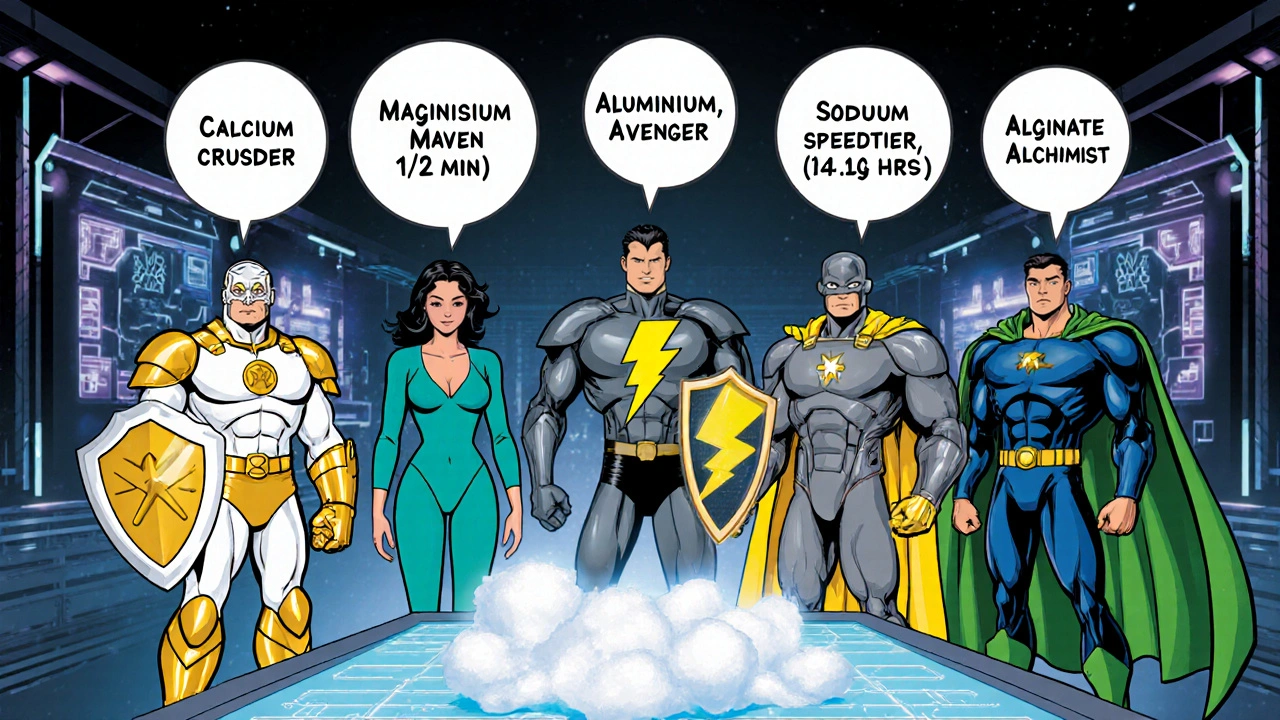 Five antacid superhero characters each showing different ingredients and onset times.