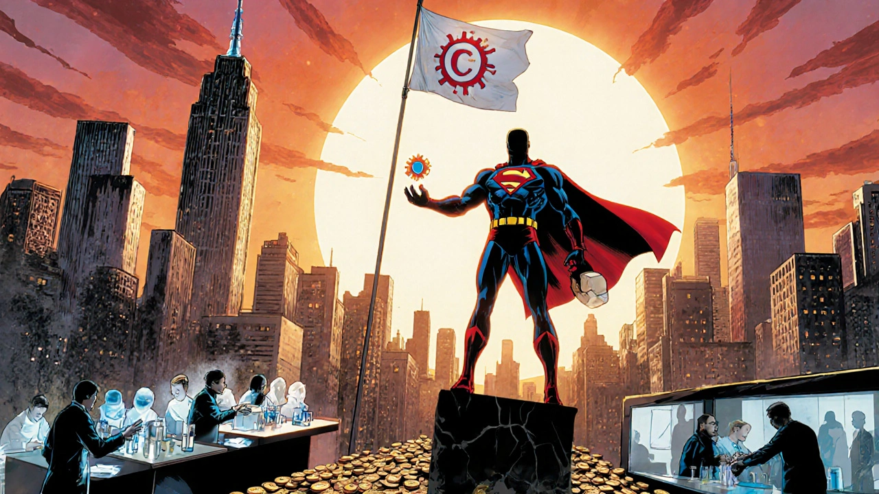 Future-tech scene showing aciclovir's legacy as a hero in a modern city.