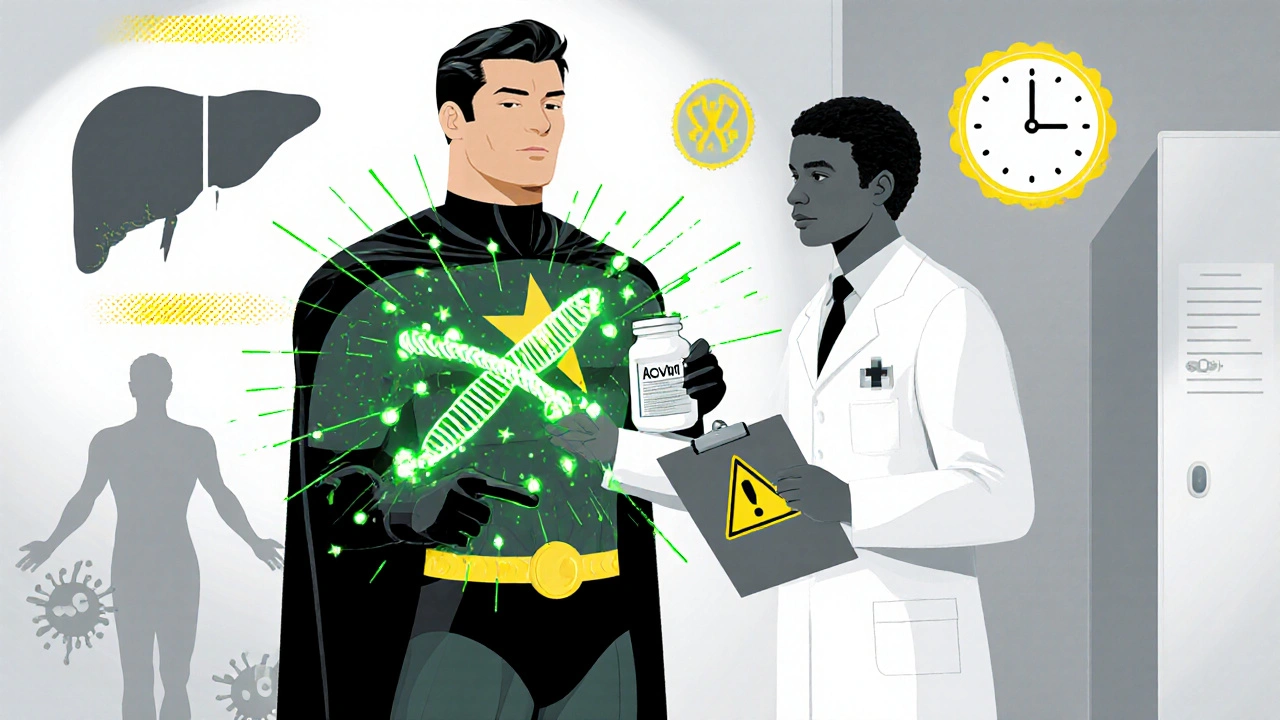 Hero and scientist examine viral mutations with a holographic DNA and Acyvir pill bottle.