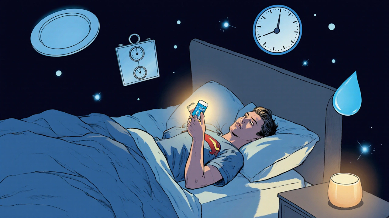 Nighttime scene of superhero on an elevated bed using an antacid tablet with lifestyle icons.