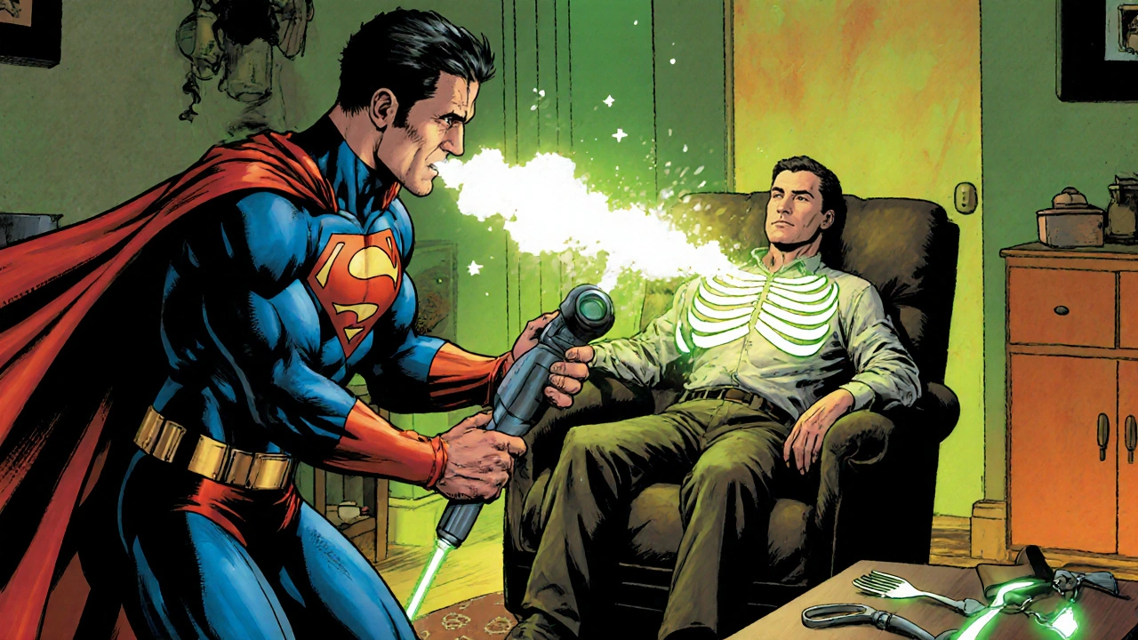 OT superhero demonstrates PEP device and chest percussion as patient practices airway clearance.