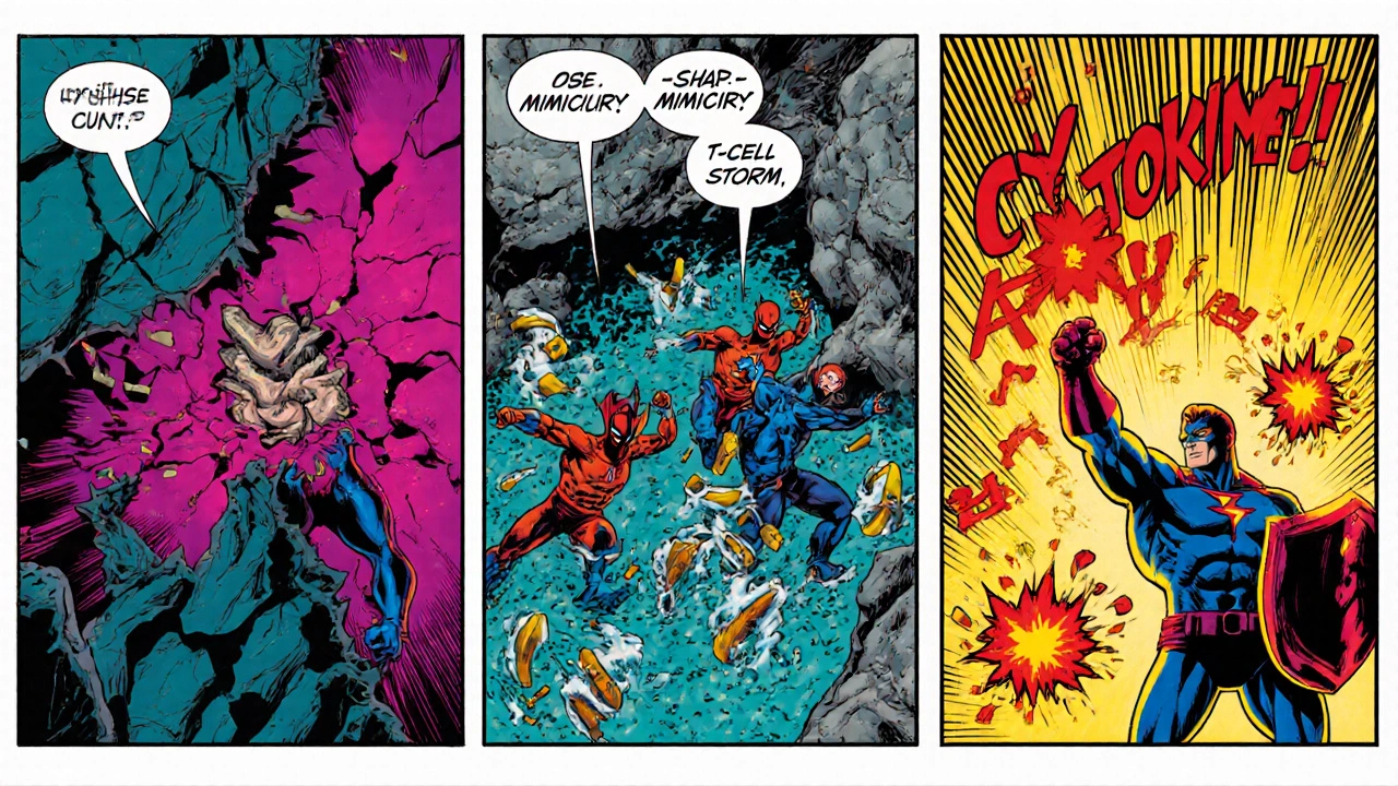 Three comic panels showing leaky gut breach, peptide mimicry, and cytokine storm with Enzyme hero defending.