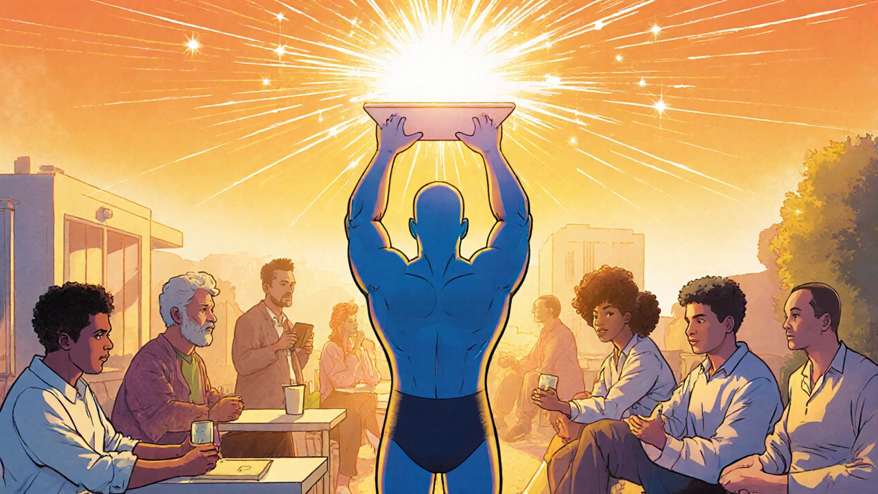 Algikey hero helping people enjoy social, work, and fitness activities, portrayed in uplifting comic art.