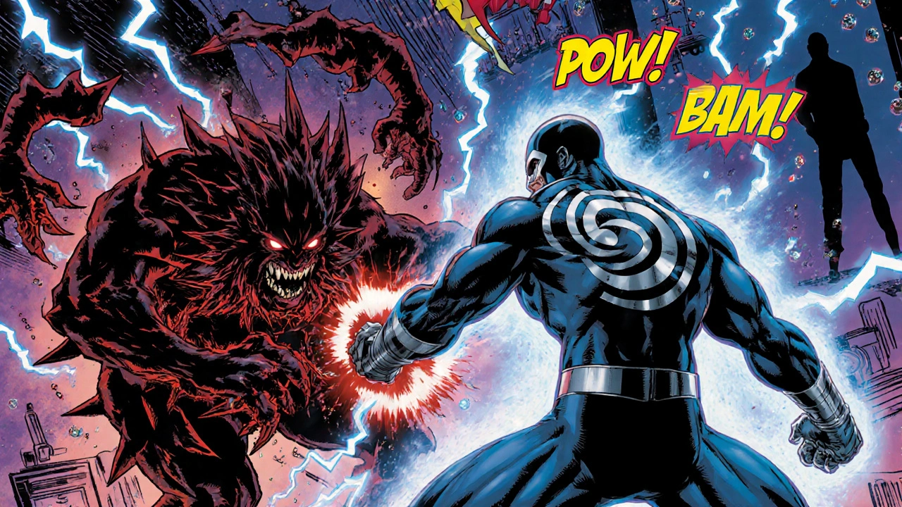 Almiral superhero fighting a red‑spiked pain monster with migraine lightning, comic panel.