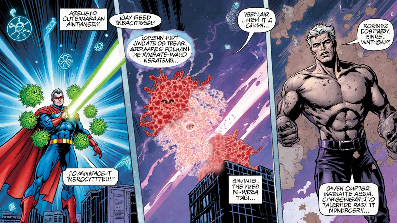 Azelaic Avenger zaps acne bacteria, calms keratinocytes, and fades dark spots in comic panels.