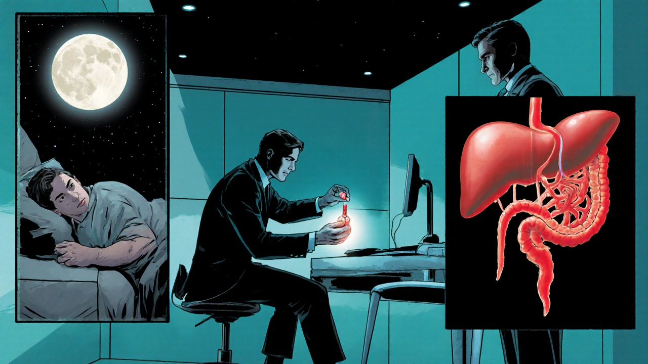 Clinic scene showing Algikey pill, patient with insomnia, and stylized liver warning in comic panels.