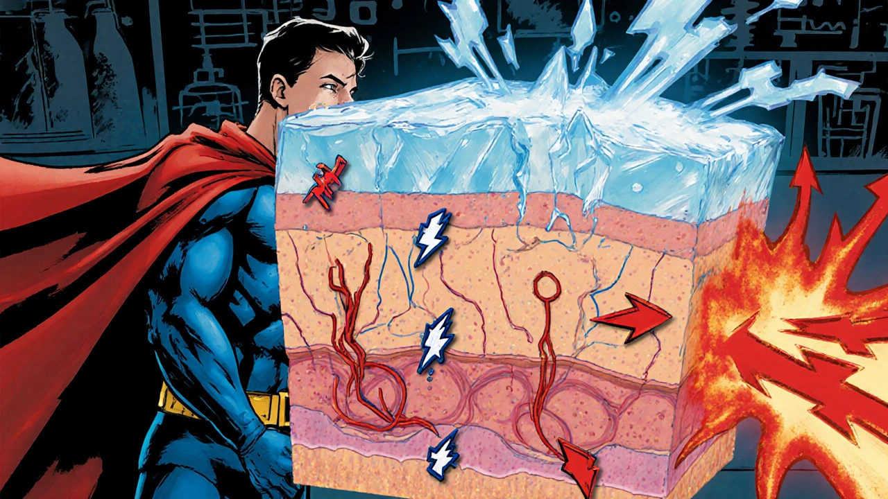 Comic cut‑away shows cold beam reducing cytokines and blood flow in skin.