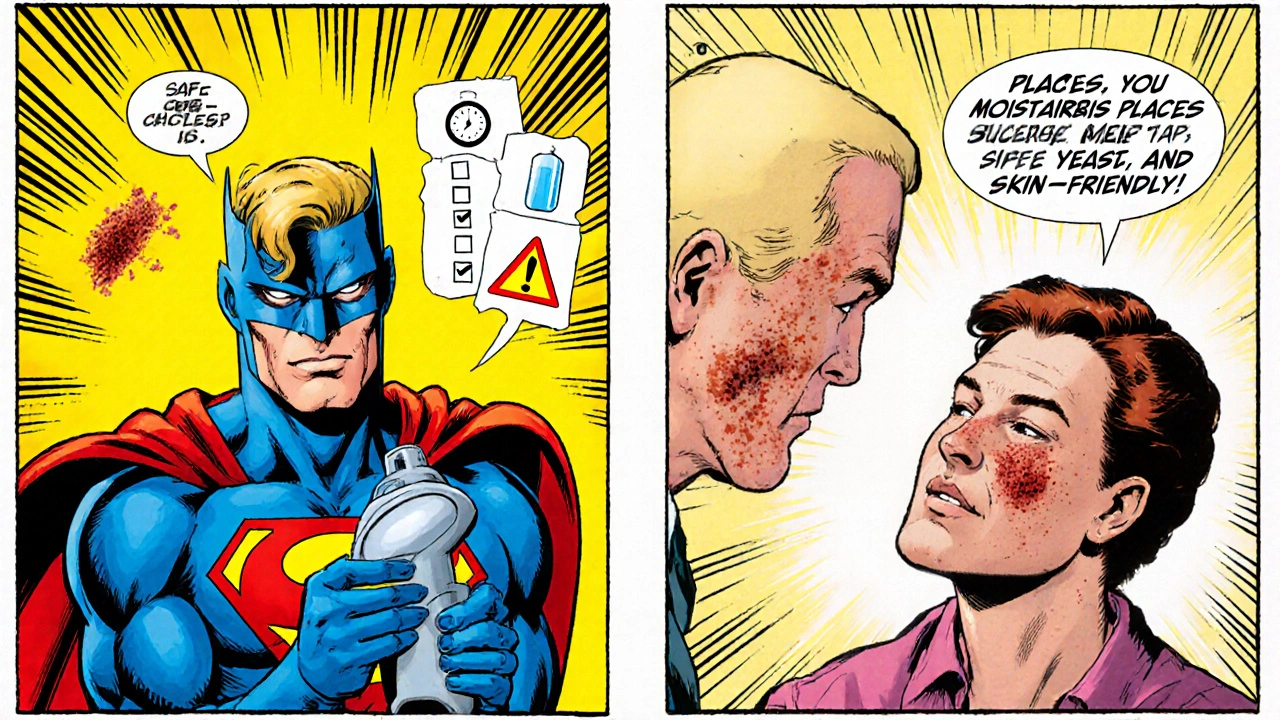 Dermatology superhero shows cryotherapy device, patient with clear skin.