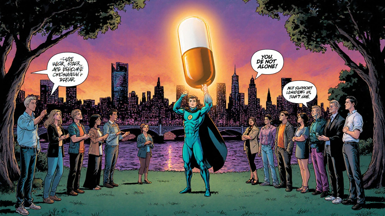 Diverse community group supporting an HIV patient with Abacavir medication.