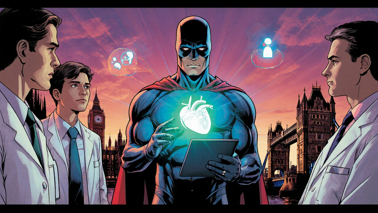 Doctors reviewing a glowing heart as Acic hero administers treatment, London skyline behind.