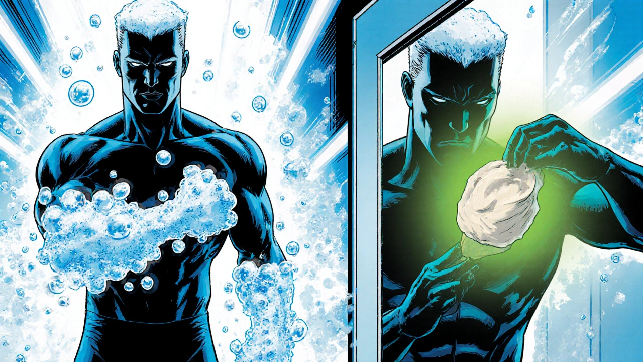 Hero applying antifungal shampoo and cream in a bright bathroom, bubbles and glowing cream shown.