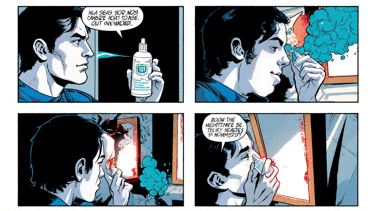 Hero demonstrates step‑by‑step Fluticasone nasal spray technique.