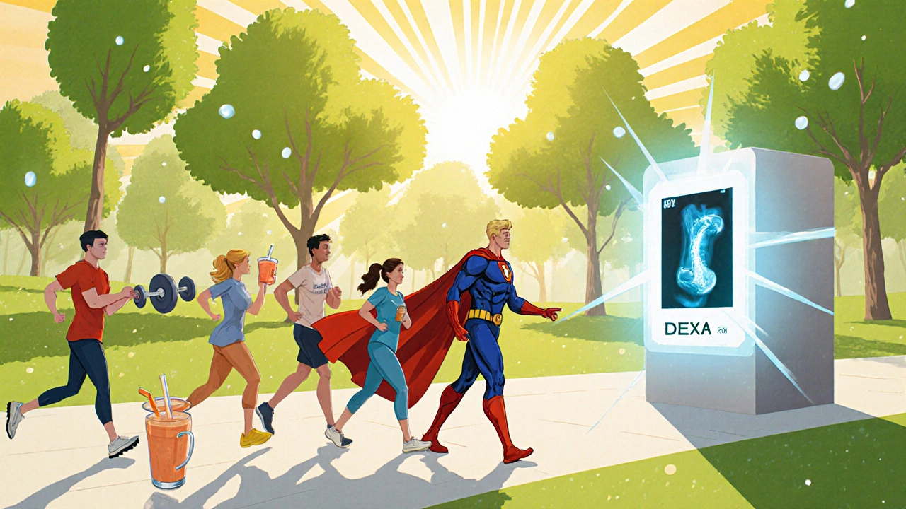 Hero leads people in sunny park with calcium trees, DEXA scan hologram, promoting bone health.