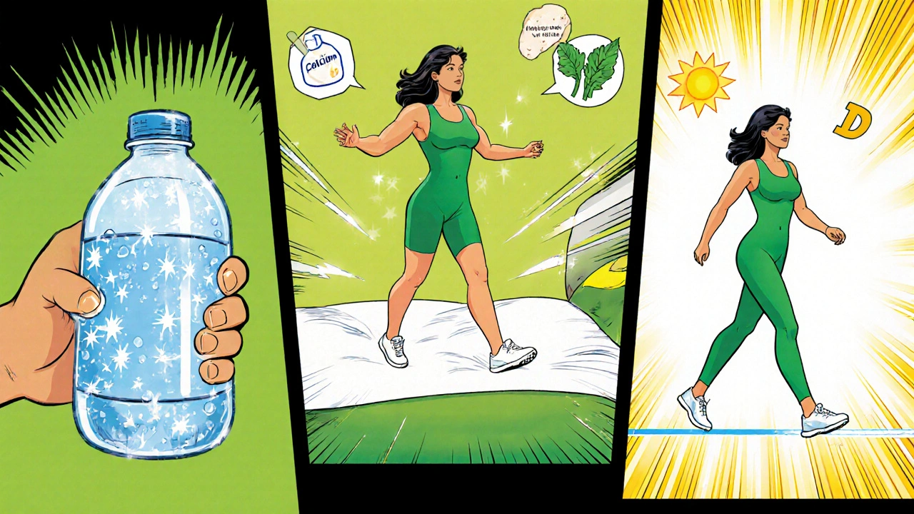 Heroic woman performing balance exercises with water bottle and calcium foods.