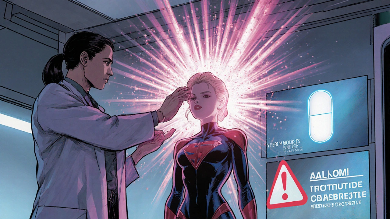 Heroine receiving a glowing HRT boost beside medical allies, warning signs flashing.