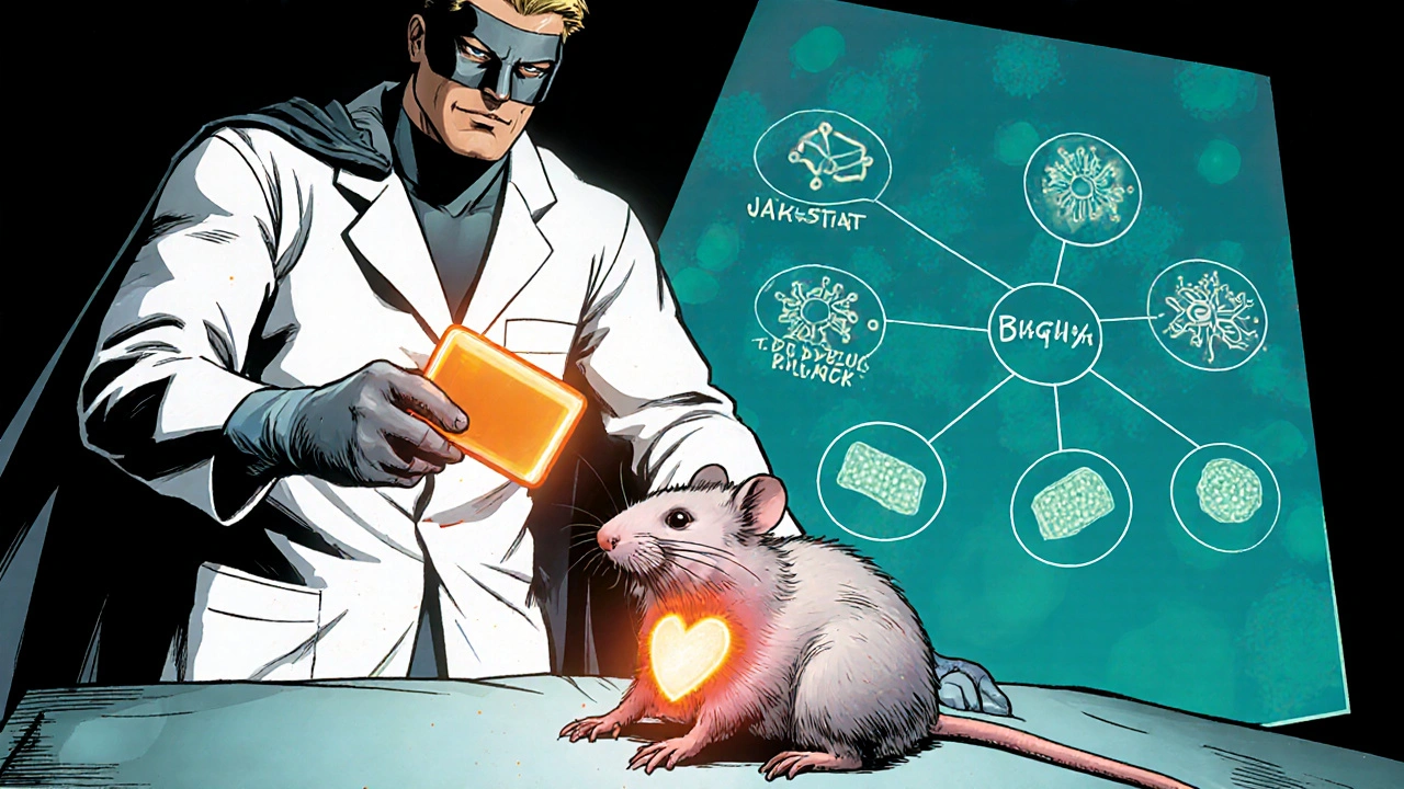 Lab scene with mouse heart healing as Acic superhero gives a glowing tablet.