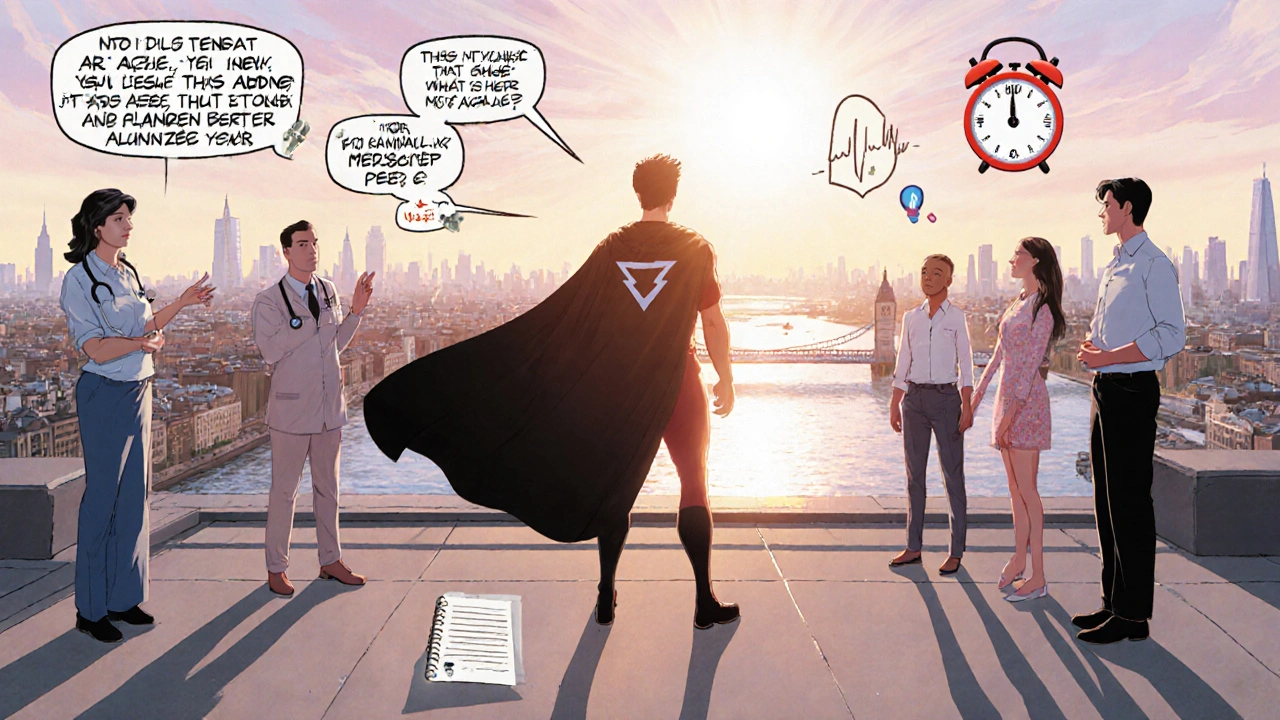 Narrator in cape on rooftop at sunrise, surrounded by supportive allies, symbolizing recovery and stability.