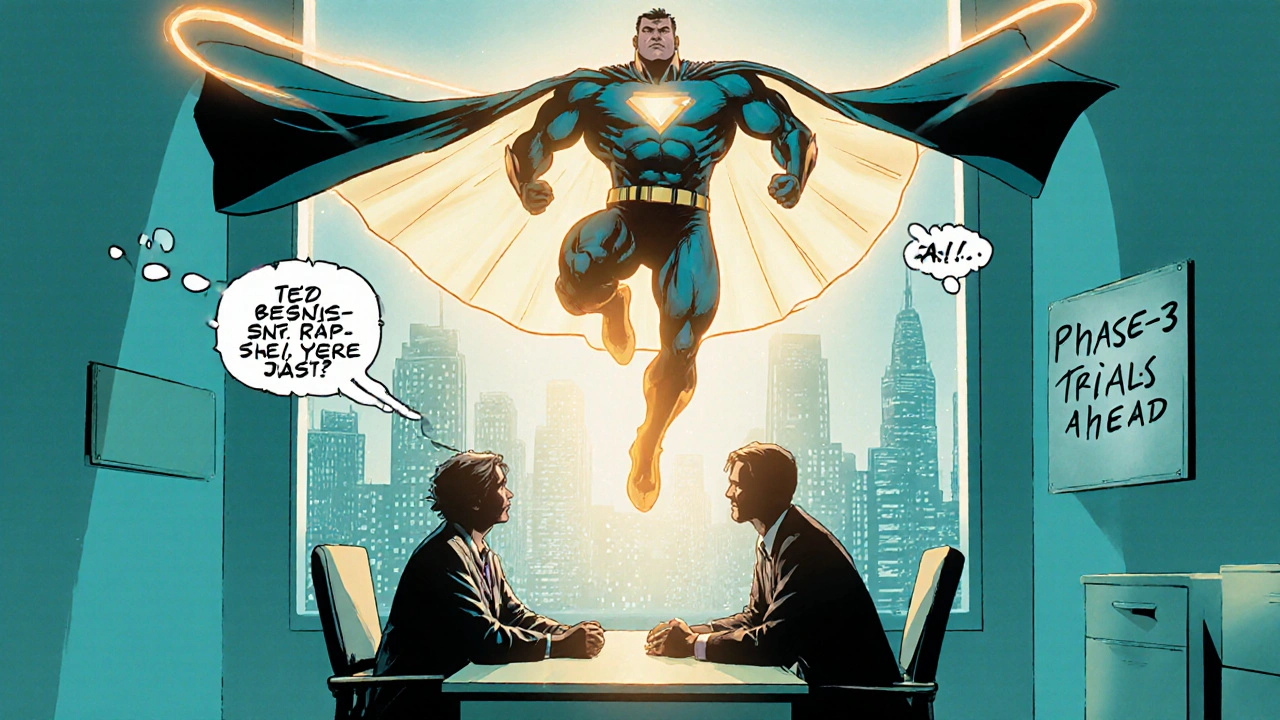 Patient and doctor looking up at Almiral hero glowing over a hopeful clinic, comic art.