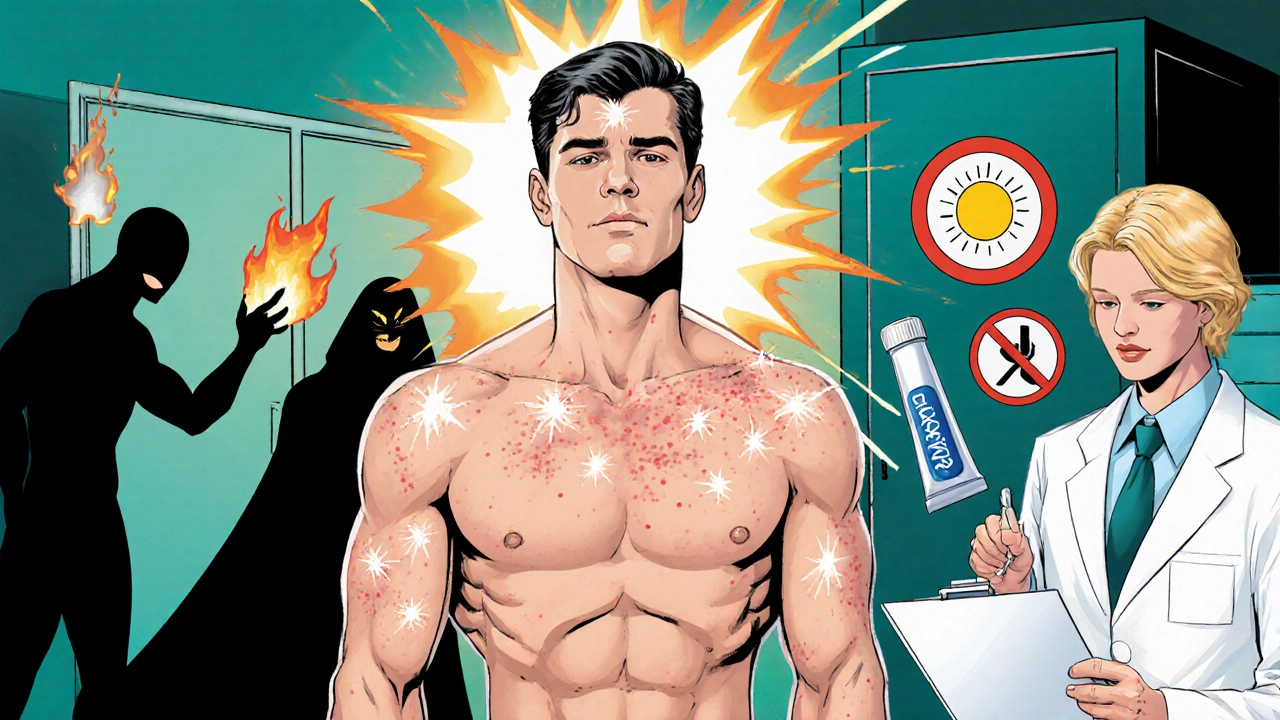 Patient with clear skin, doctor shielding against side‑effect monsters, proper storage symbols.