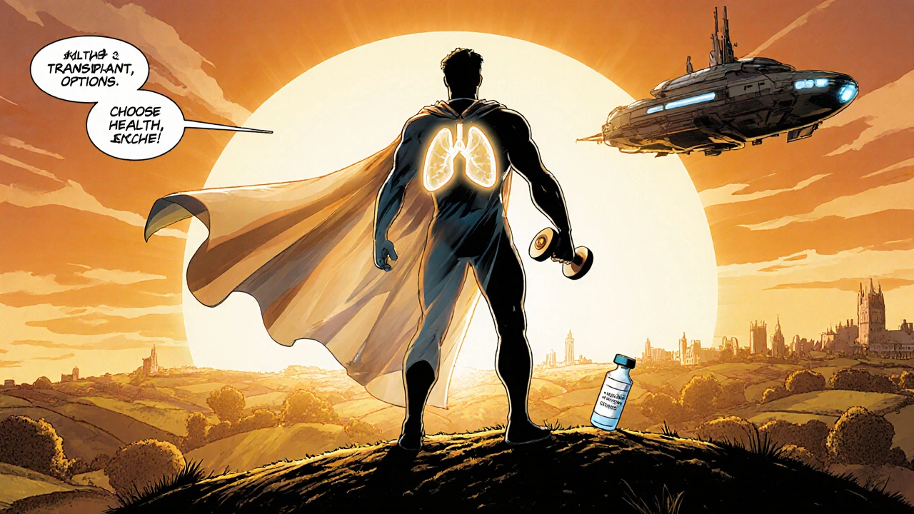 Recovered patient with oxygen‑tank cape stands on hill beside a transplant ship.