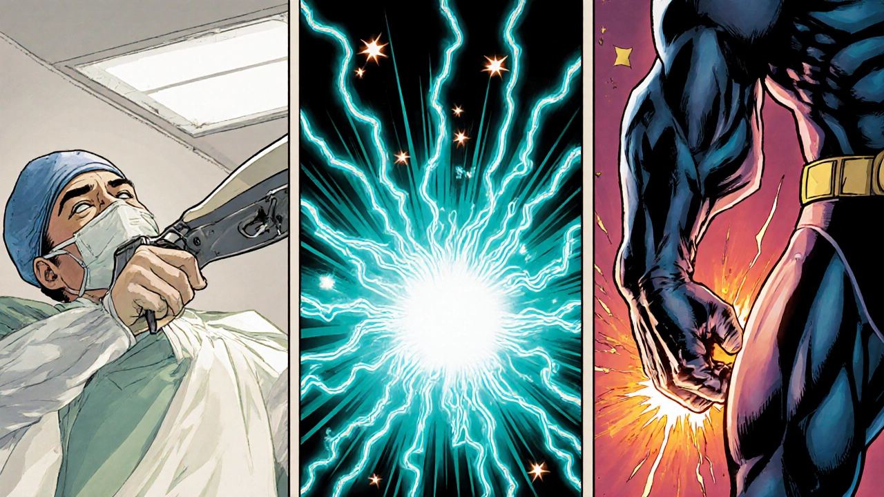 Split panels of surgery, radioactive iodine, and drug therapy causing muscle effects.