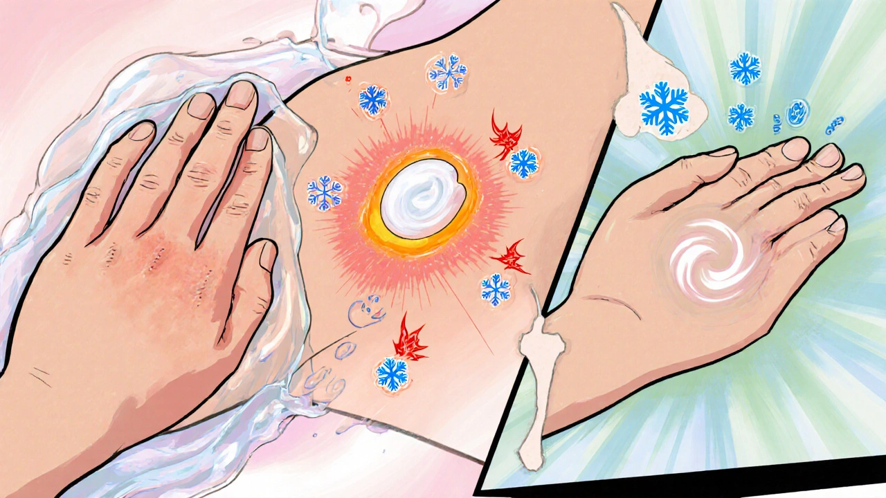 Step‑by‑step comic of cleaning skin, applying Aeroderm, and soothing inflammation.
