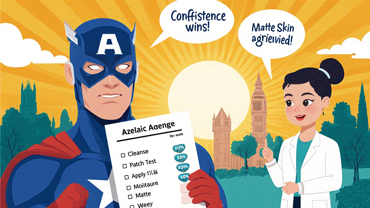 Superhero and dermatologist show a skincare routine timeline ending with matte skin.