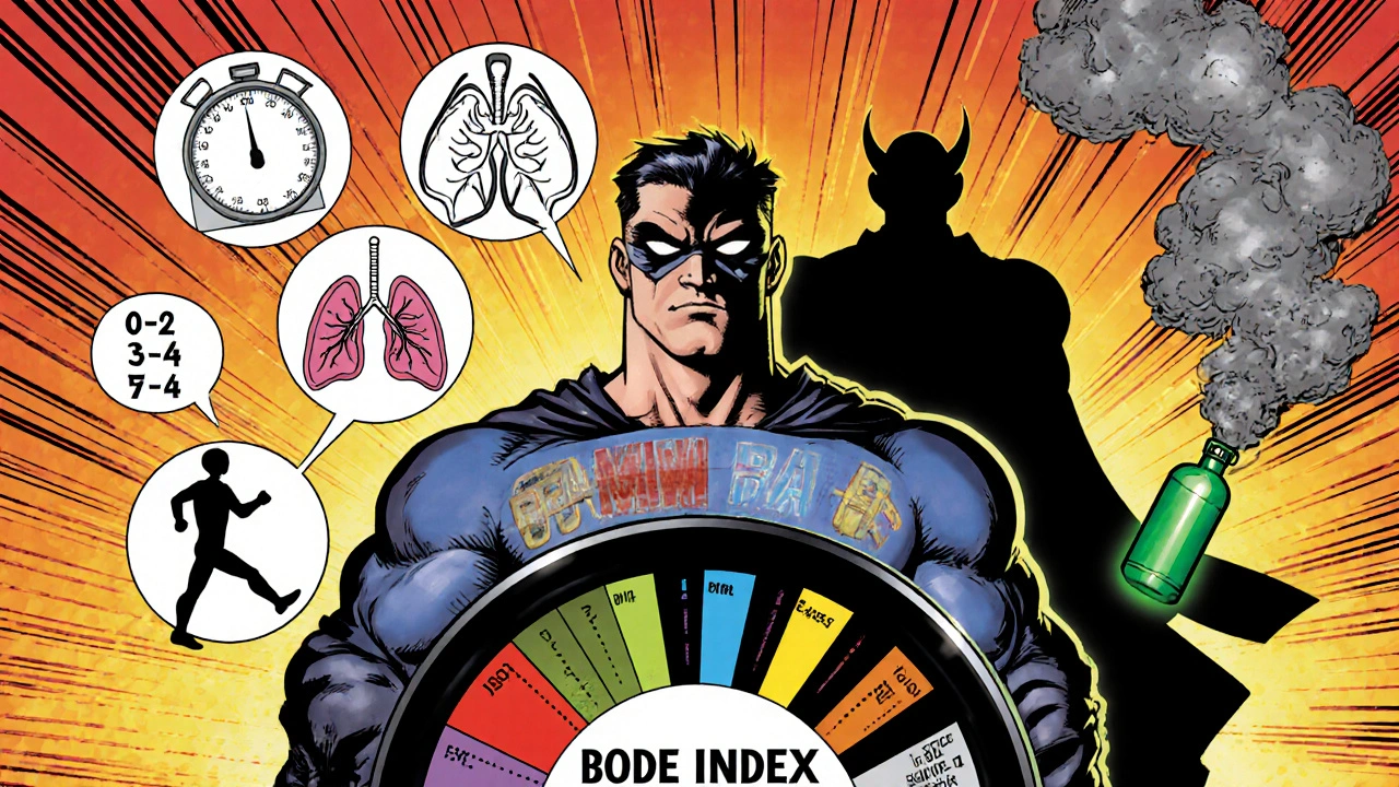 Superhero BODE Keeper displays four health icons battling a smoking villain.