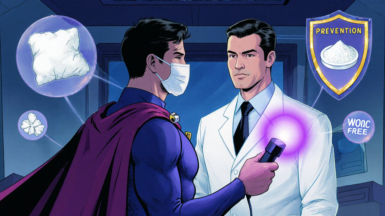 Superhero consulting a dermatologist in a high‑tech office, surrounded by protective health symbols.