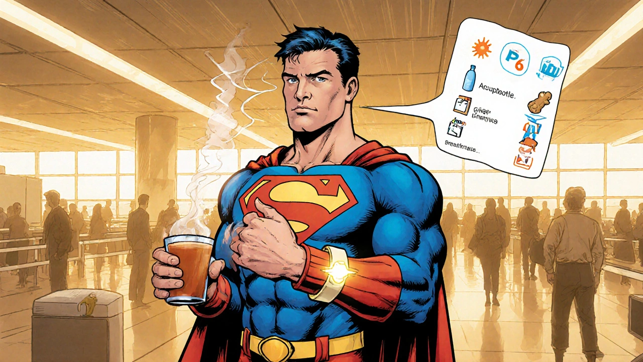 Superhero drinks ginger tea, applies acupressure, and follows a travel checklist.