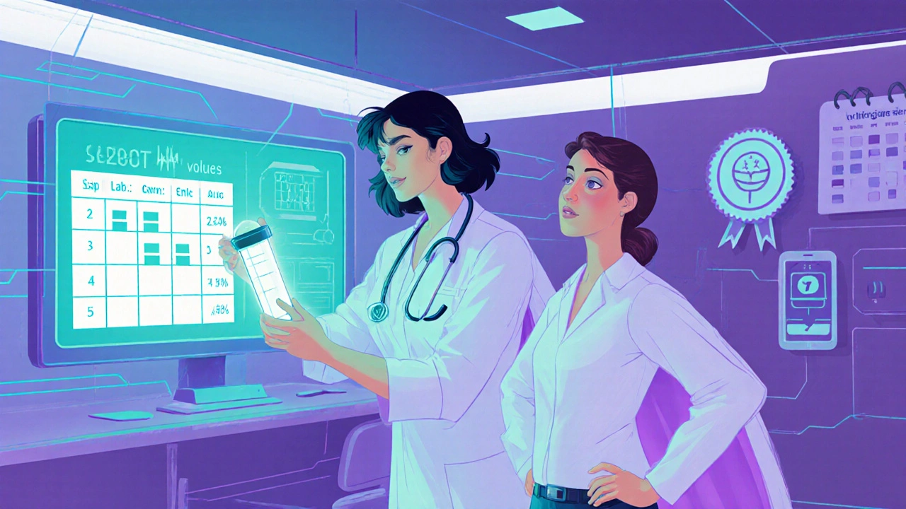 Superhero nurse checks lab results with a confident patient, highlighting follow‑up care.