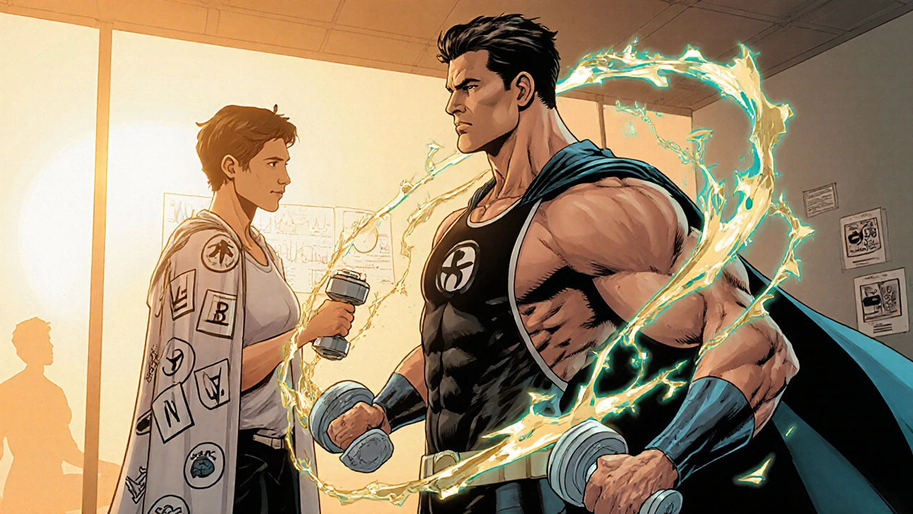 Superhero recovering with physiotherapy, protein, and balanced hormones.