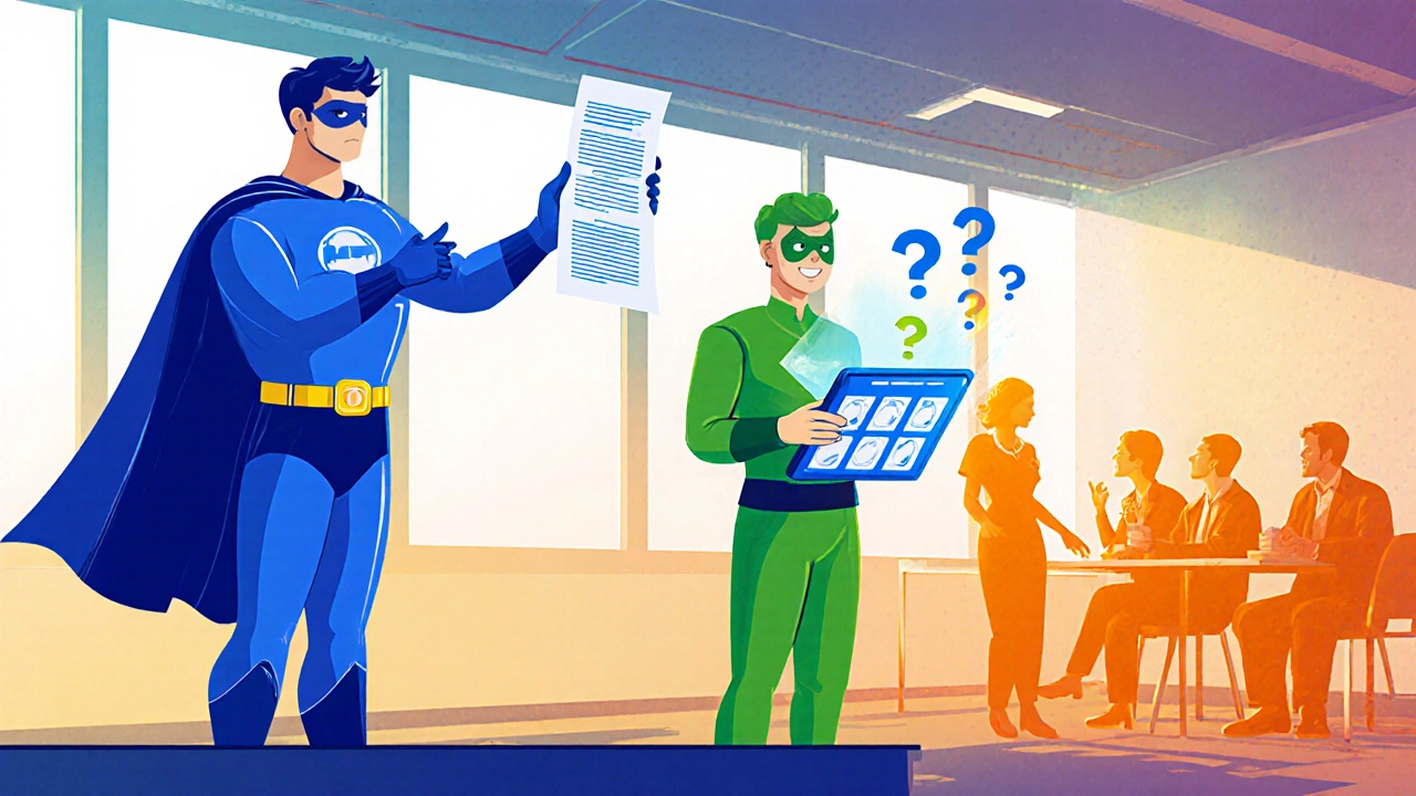 Superhero team shows printed leaflet, app hologram, and group workshop for education.