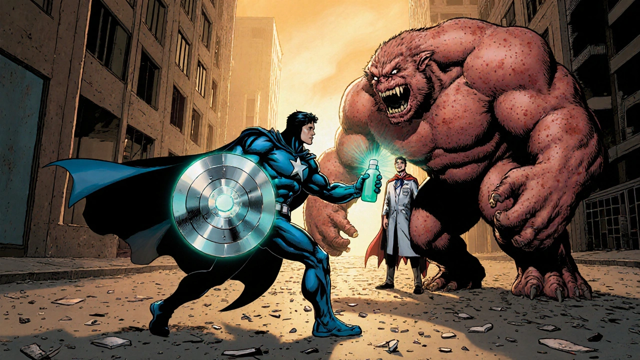 Superhero using sunscreen shield, moisturizer mist, and antihistamine tablet to battle a rash monster.