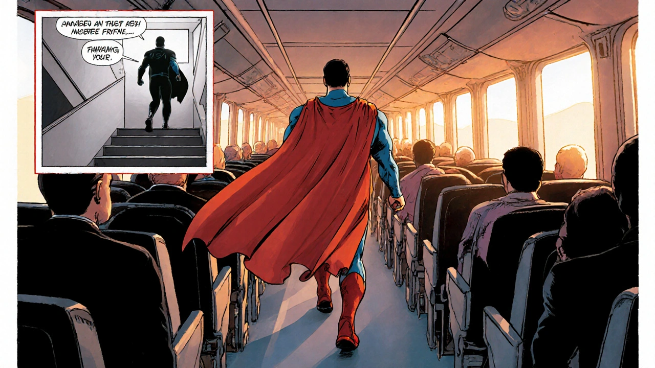 Superhero walks down the aisle doing light cardio, with motion lines and stairs inset.