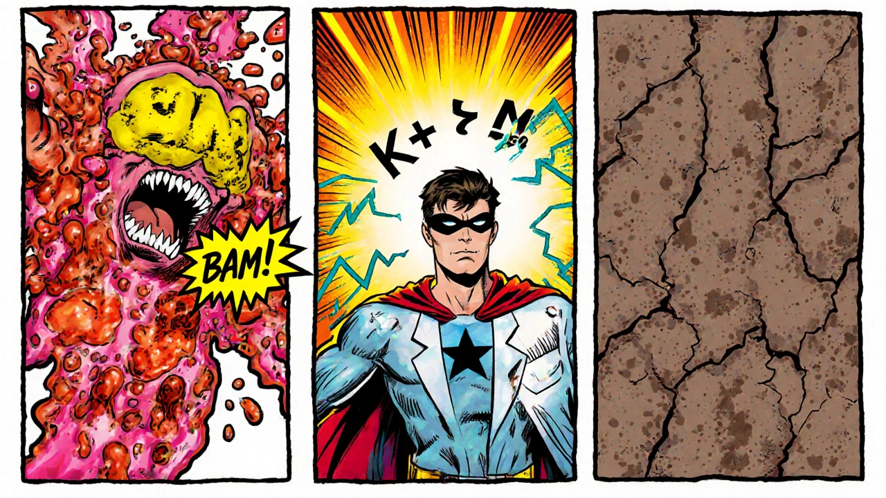 Three comic panels showing hives monster, sunburst causing rash, and electrolyte symbols affecting skin.