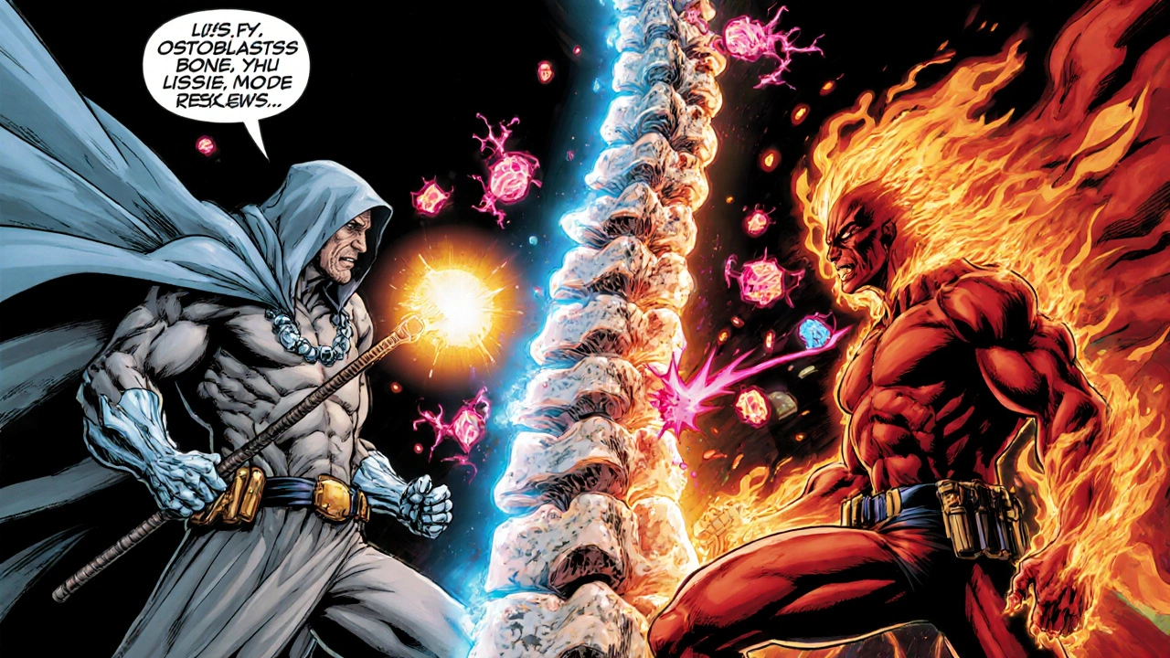 Thyroid hero battles icy hypothyroid and fiery hyperthyroid villains attacking a spine.