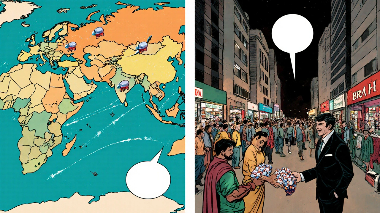 World map with superhero tablets flying over countries showing price contrast.