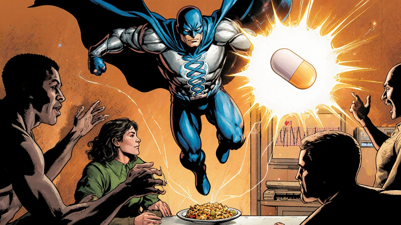 Ziprasidone superhero with glowing shield protects narrator beside a glowing plate of food, repelling hallucination monsters.