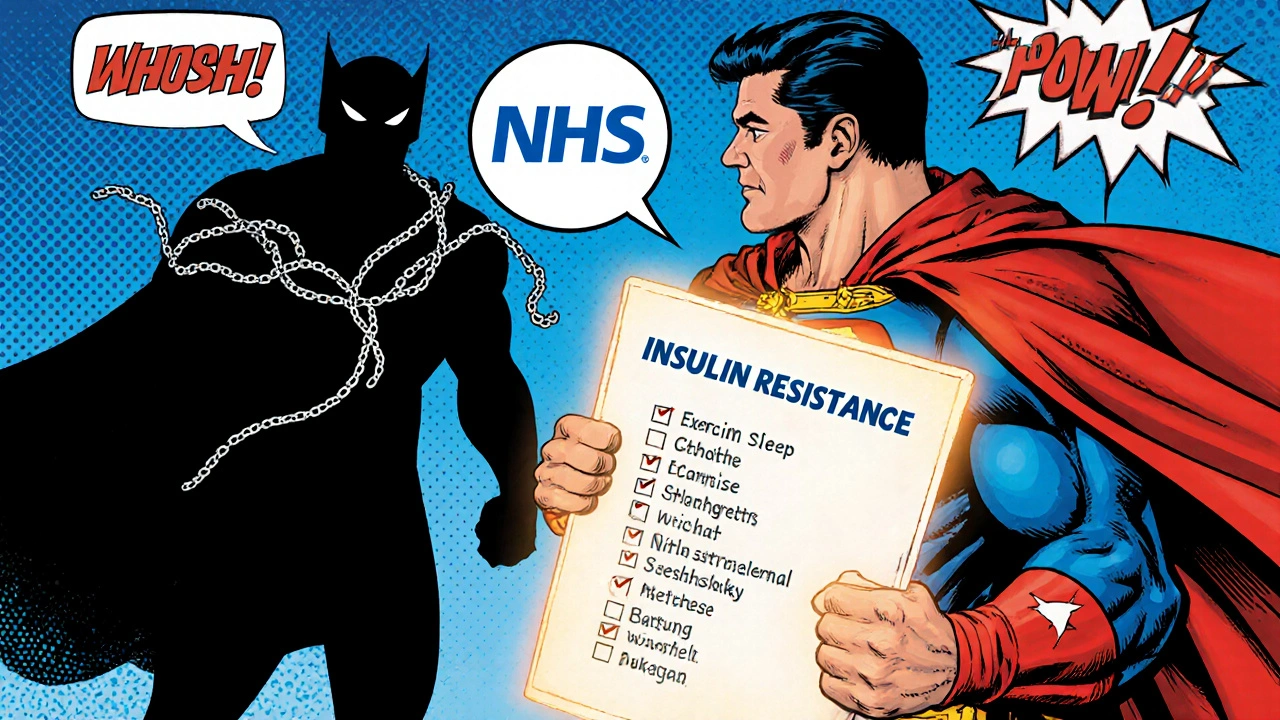 Captain Wellness battles Insulin Resistance villain using a checklist shield.