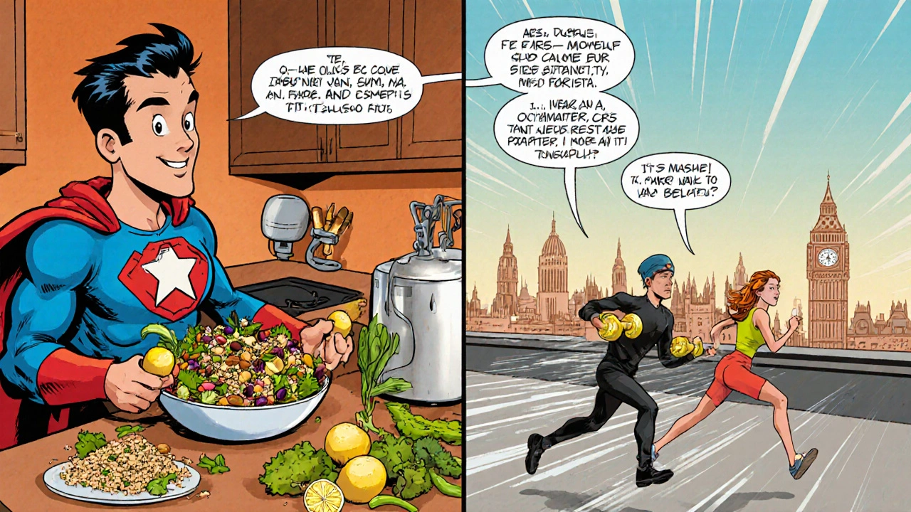 Captain Wellness prepares a Mediterranean salad and jogs with sidekick on a city rooftop.