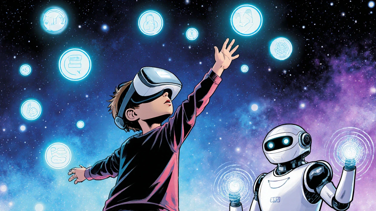 Child in VR headset reaching for glowing orbs with an AI robot companion.