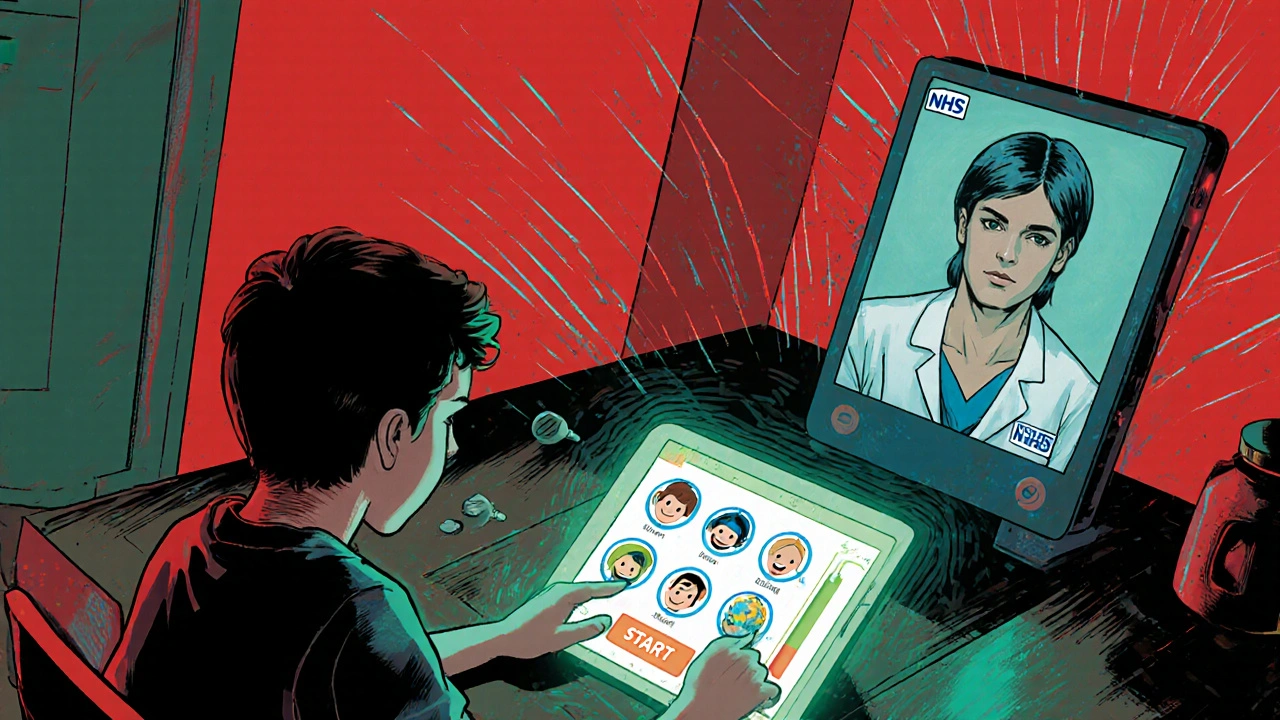 Child using a tablet health app while video‑chatting with a doctor mentor.