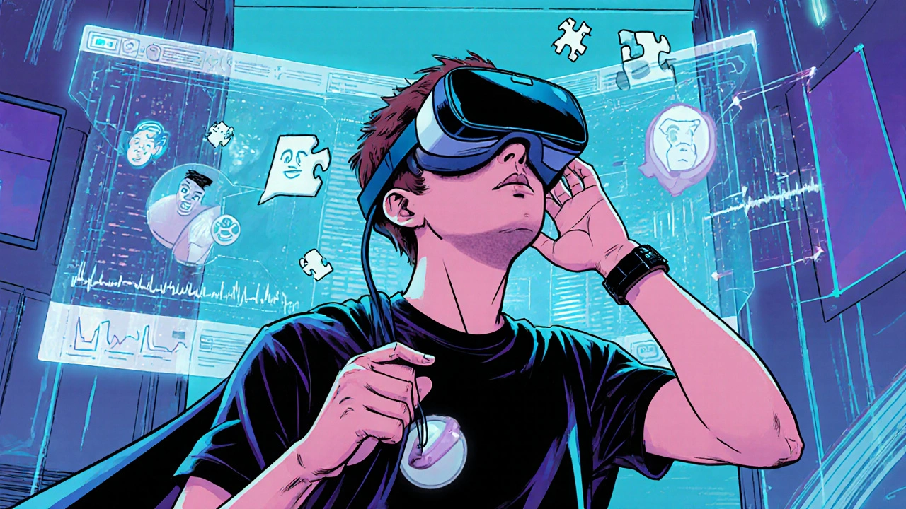 Child wearing VR headset while AI hologram scans facial expressions, with wearable sensor alerts in a futuristic lab.