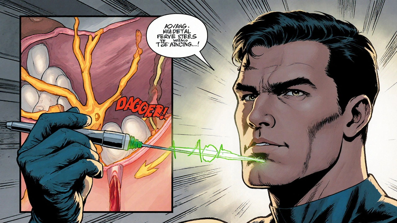 Dentist hero performing a careful injection with highlighted jaw anatomy.