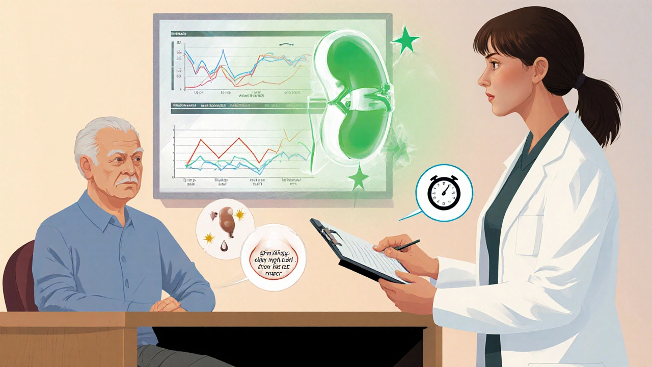 Doctor monitors senior's blood pressure and kidney function with a glowing Allegron capsule.