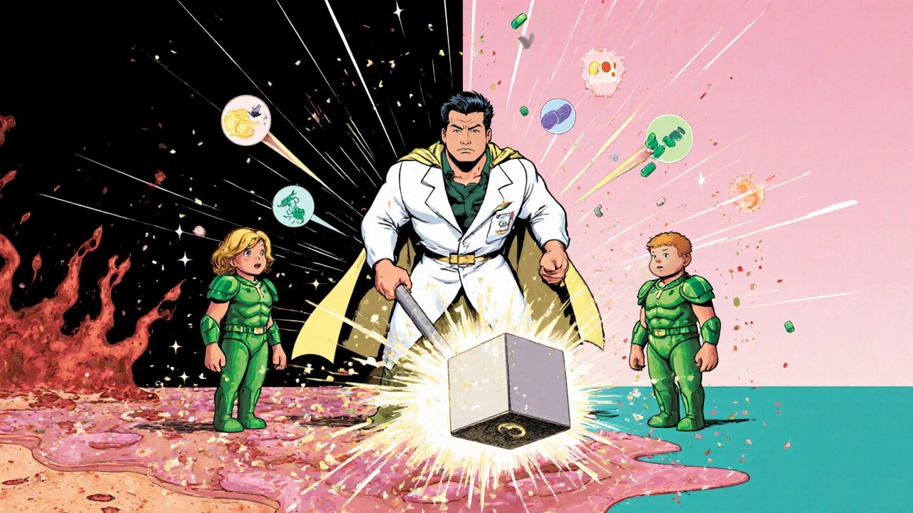 Doctor superhero delivering metronidazole and probiotic allies, restoring balance in a triumphant comic illustration.