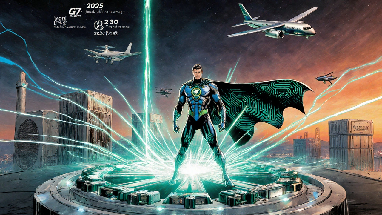 Future scene with lithium guardian, recycling wheel, grid storage, and flying e‑aircraft.