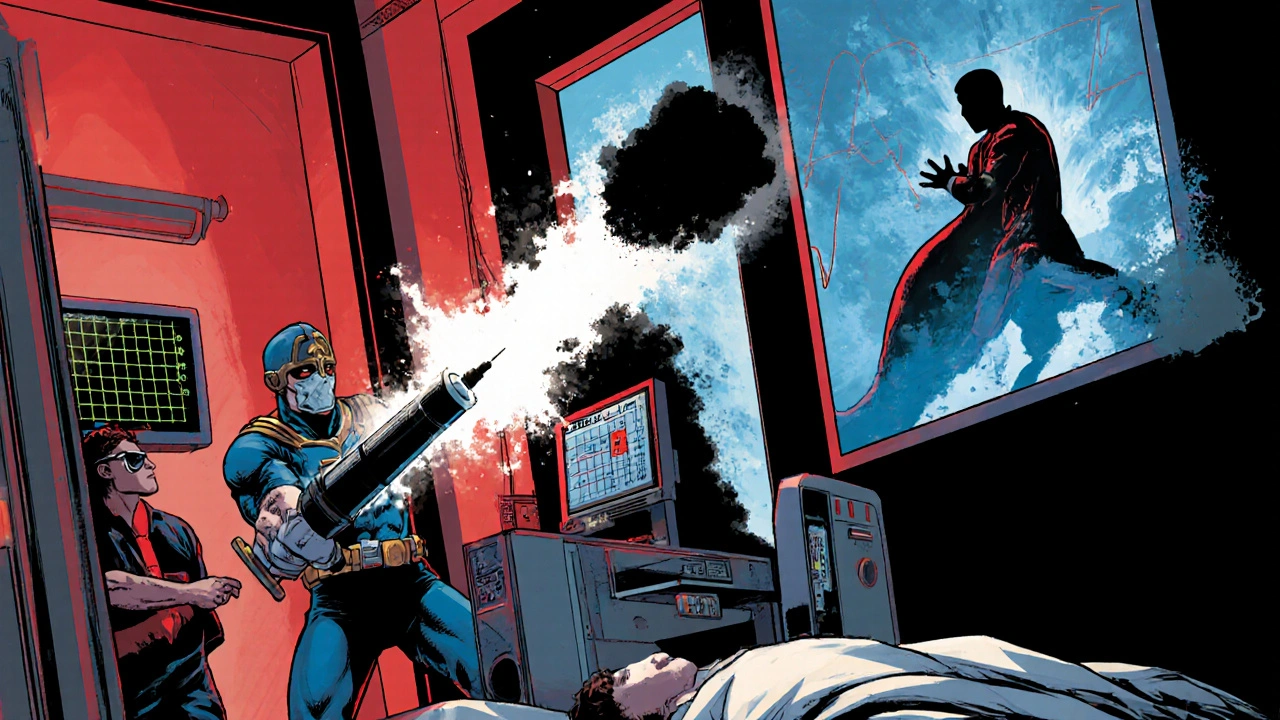 Hero and EMT use activated charcoal and CPR on a patient in ER.